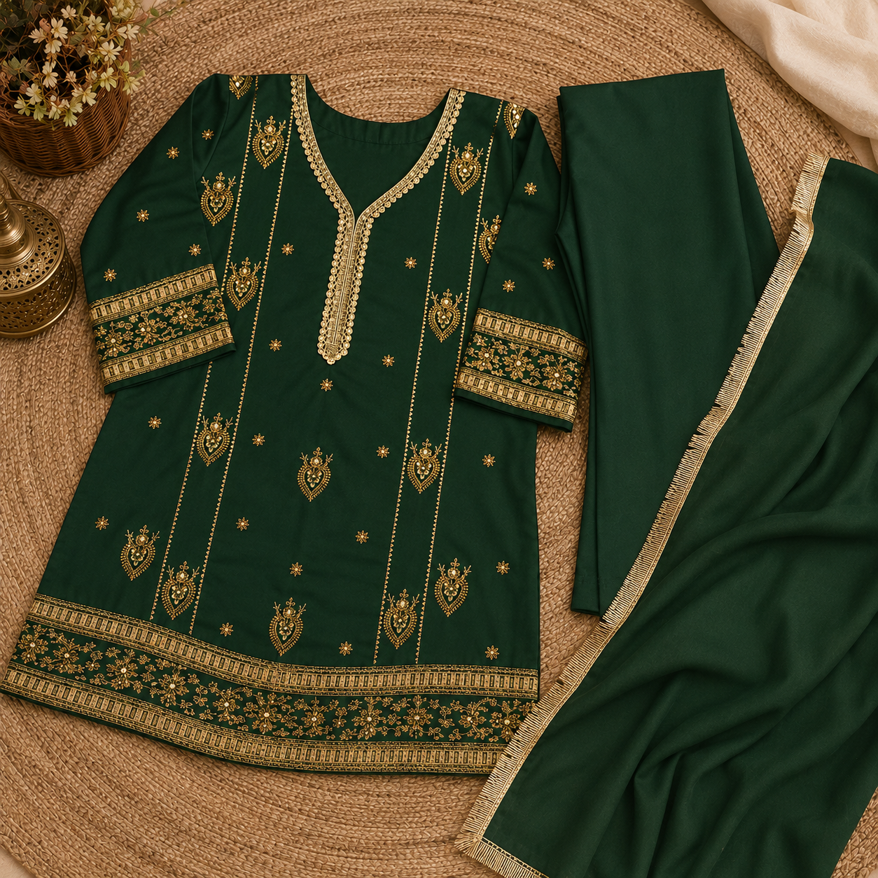 Emerald green girls traditional outfit flat lay with dupatta