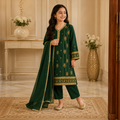 Model wearing emerald green girls embroidered shalwar kameez