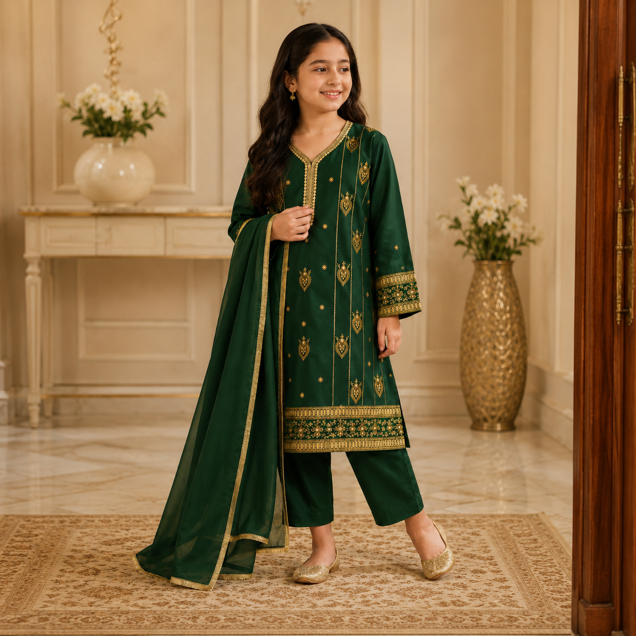 Model wearing emerald green girls embroidered shalwar kameez
