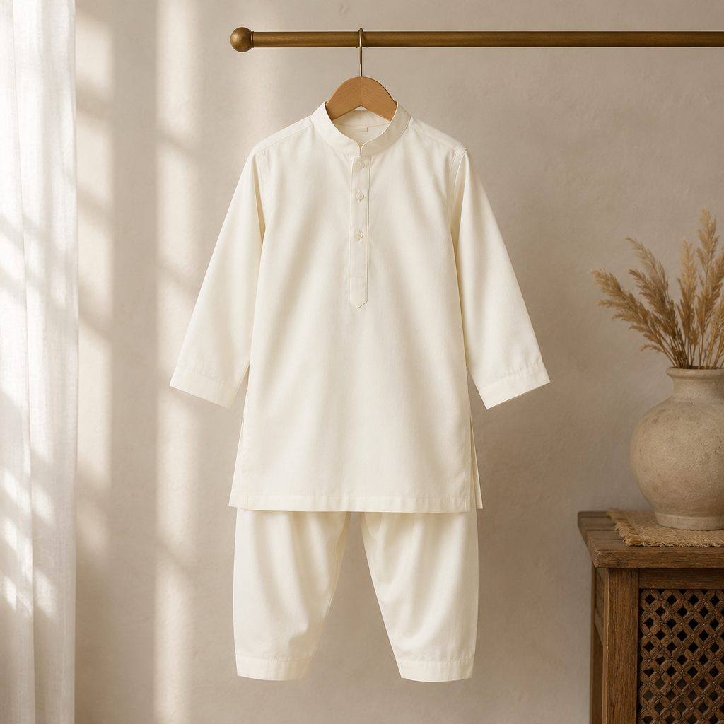 Off-White Boys Classic Kurta fabric detail - baby boy Pakistani outfit by Little Maryam