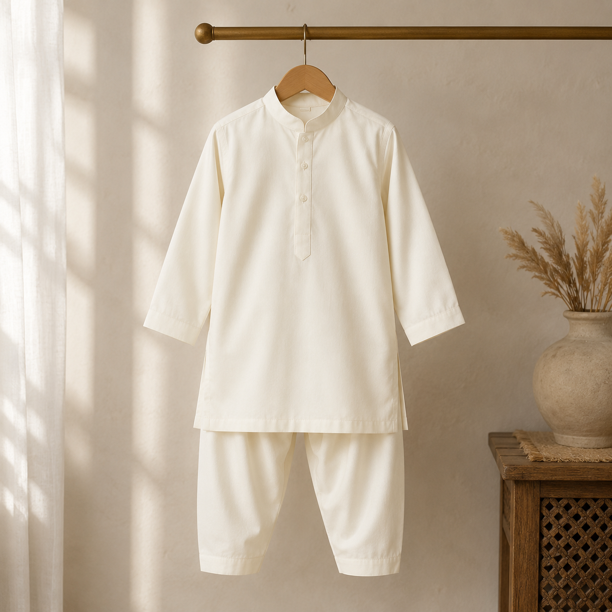 Off-White Boys Classic Kurta fabric detail - baby boy Pakistani outfit by Little Maryam
