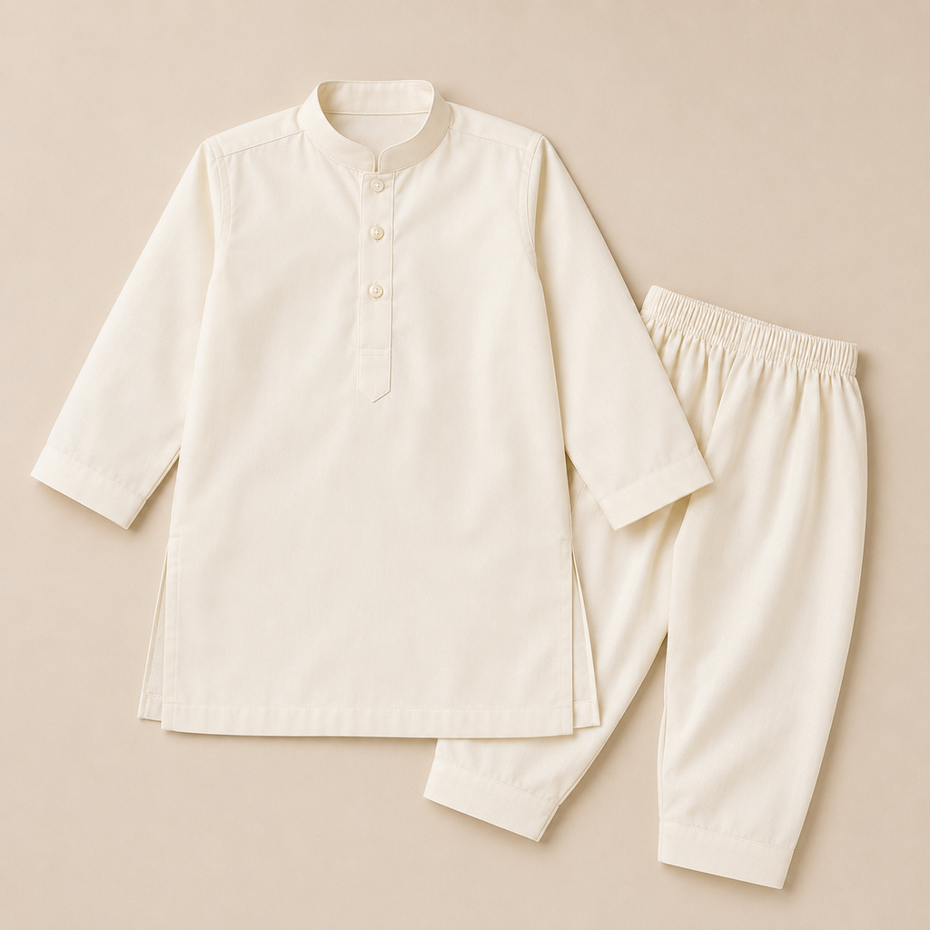 Off-White Boys Classic Kurta detail view - baby boy Pakistani outfit by Little Maryam
