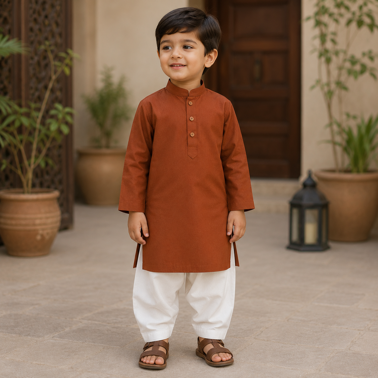 Rust Boski Boys Kurta Set front view